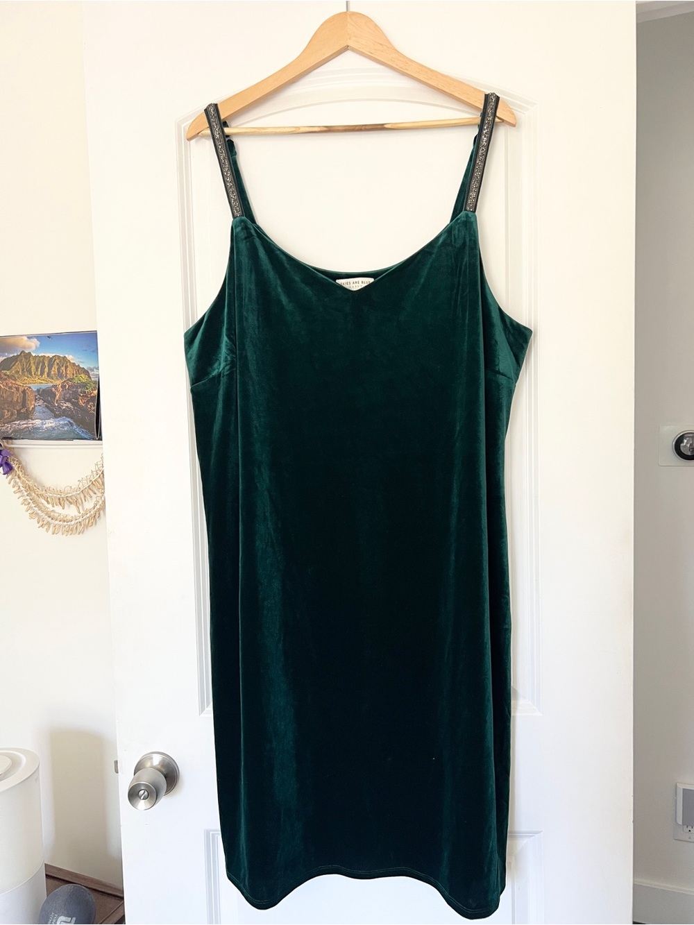 Skies Are Blue Emerald Green Velvet Slip Midi Dress adjustable jeweled straps